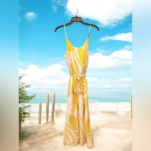 Lascana Yellow Tropical Leaf Print Sundress XL A-Line Belted Midi Dress NWT New - Picture 5 of 5